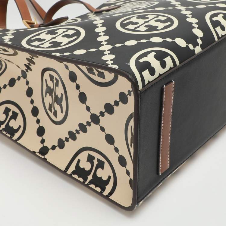Pre Owned Tory Burch Monogram T Embossed Black/Off White Leather Contrast Tote