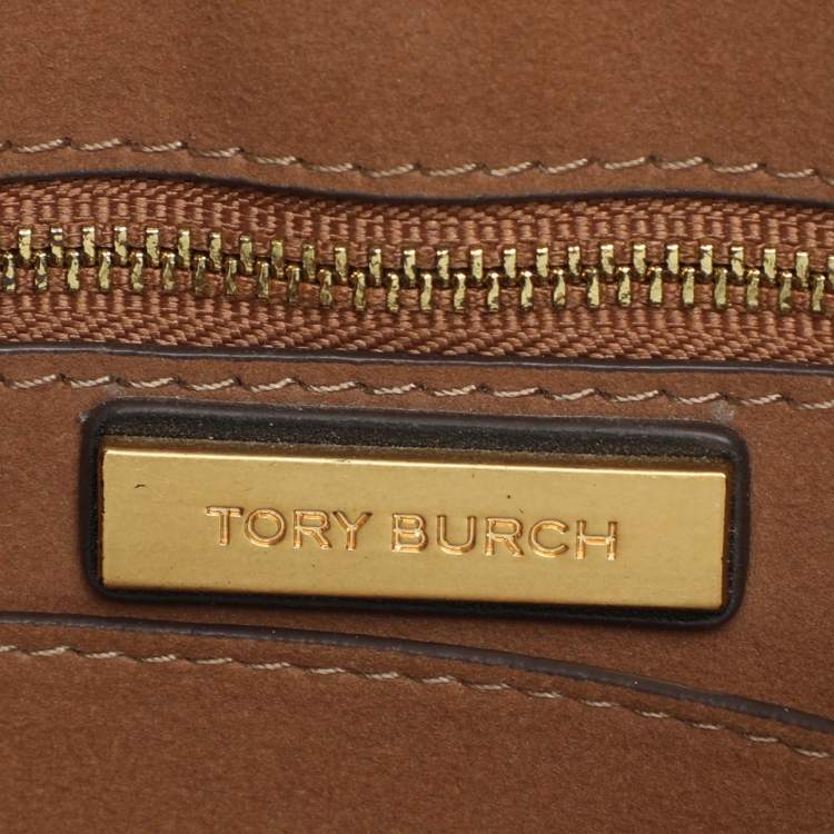 Pre Owned Tory Burch Monogram T Embossed Black/Off White Leather Contrast Tote