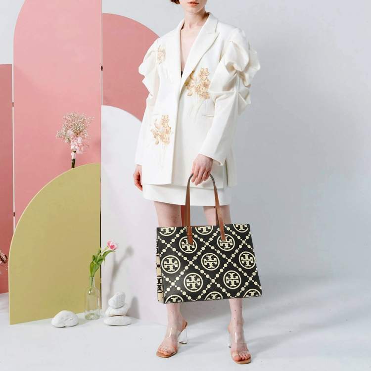 Pre Owned Tory Burch Monogram T Embossed Black/Off White Leather Contrast Tote