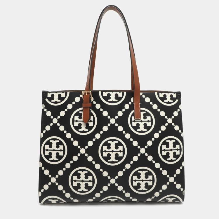 Pre Owned Tory Burch Monogram T Embossed Black/Off White Leather Contrast Tote