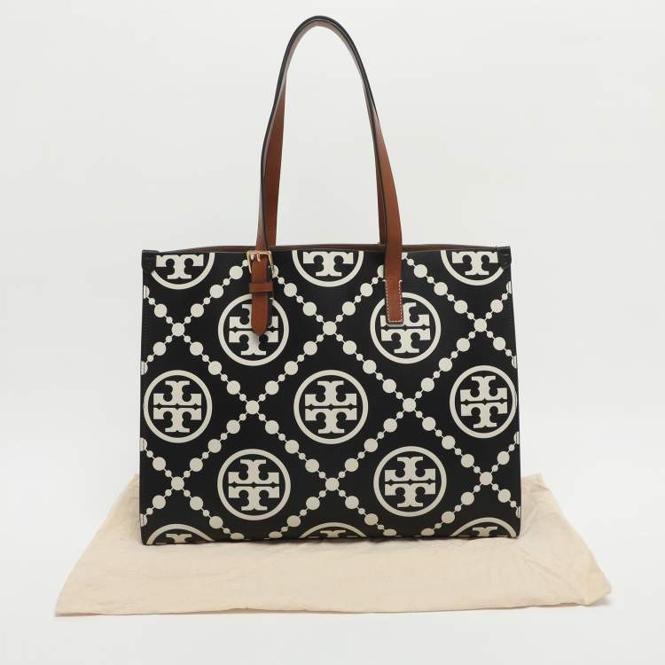 Pre Owned Tory Burch Monogram T Embossed Black/Off White Leather Contrast Tote