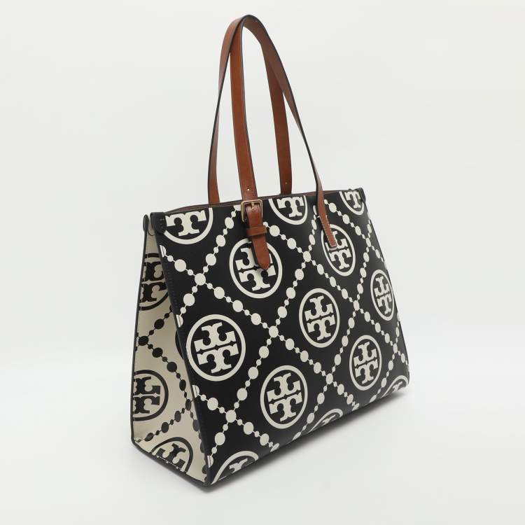 Pre Owned Tory Burch Monogram T Embossed Black/Off White Leather Contrast Tote