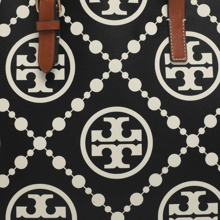 Pre Owned Tory Burch Monogram T Embossed Black/Off White Leather Contrast Tote