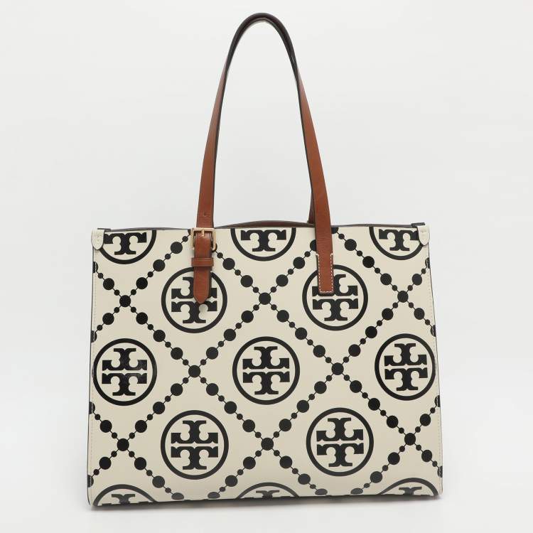 Pre Owned Tory Burch Monogram T Embossed Black/Off White Leather Contrast Tote