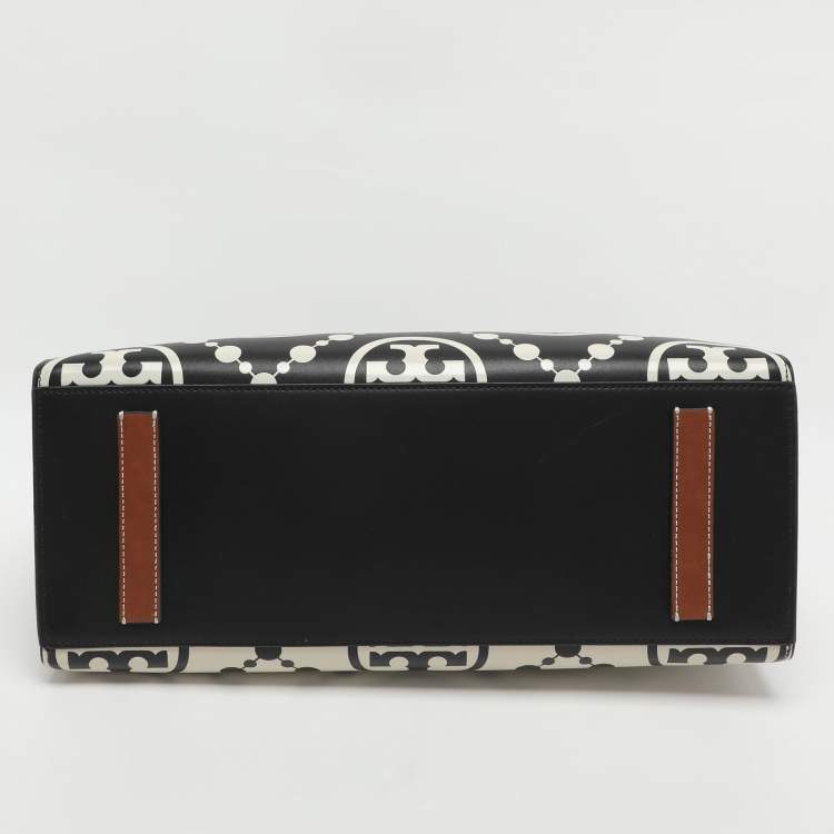 Pre Owned Tory Burch Monogram T Embossed Black/Off White Leather Contrast Tote