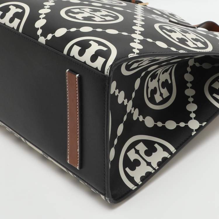 Pre Owned Tory Burch Monogram T Embossed Black/Off White Leather Contrast Tote