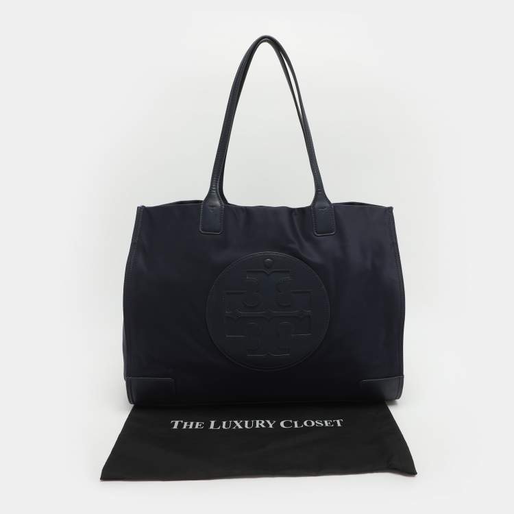 Pre Owned Tory Burch Ella Large Navy Blue Leather and Nylon Shopper Tote