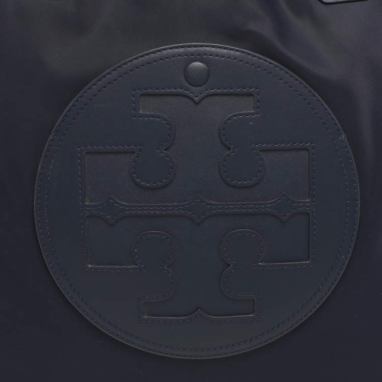 Pre Owned Tory Burch Ella Large Navy Blue Leather and Nylon Shopper Tote