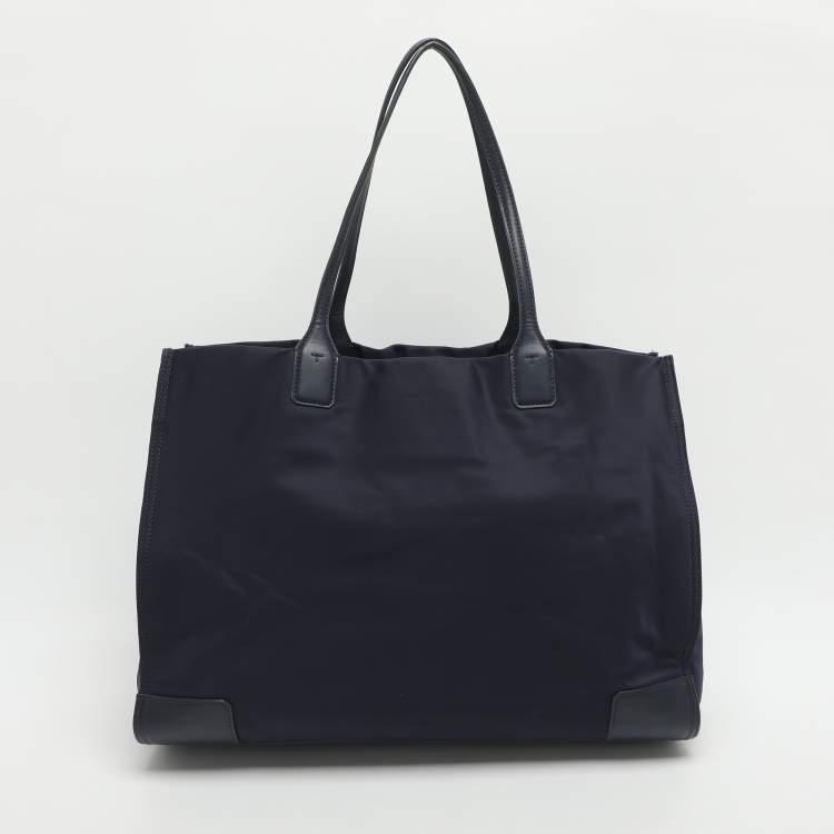 Pre Owned Tory Burch Ella Large Navy Blue Leather and Nylon Shopper Tote