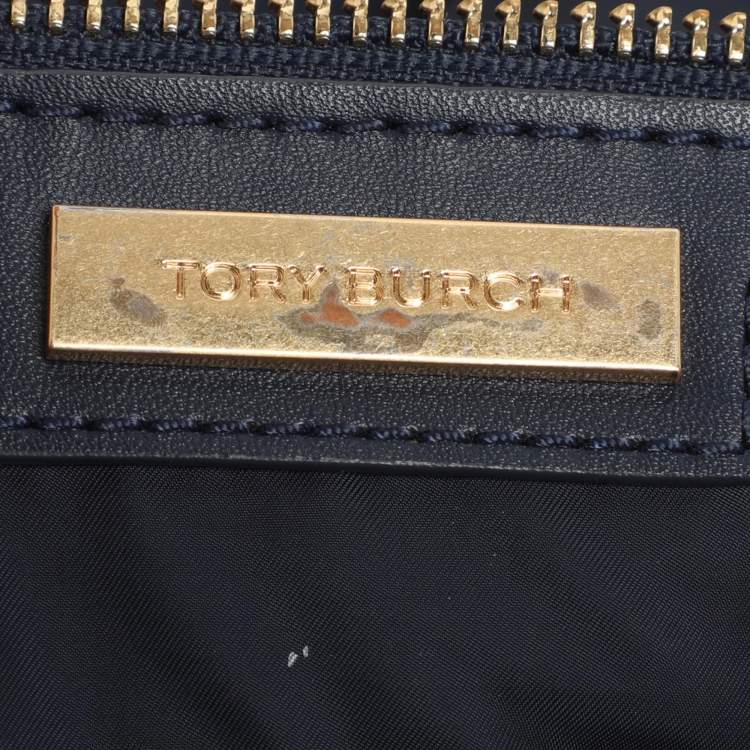 Pre Owned Tory Burch Ella Large Navy Blue Leather and Nylon Shopper Tote