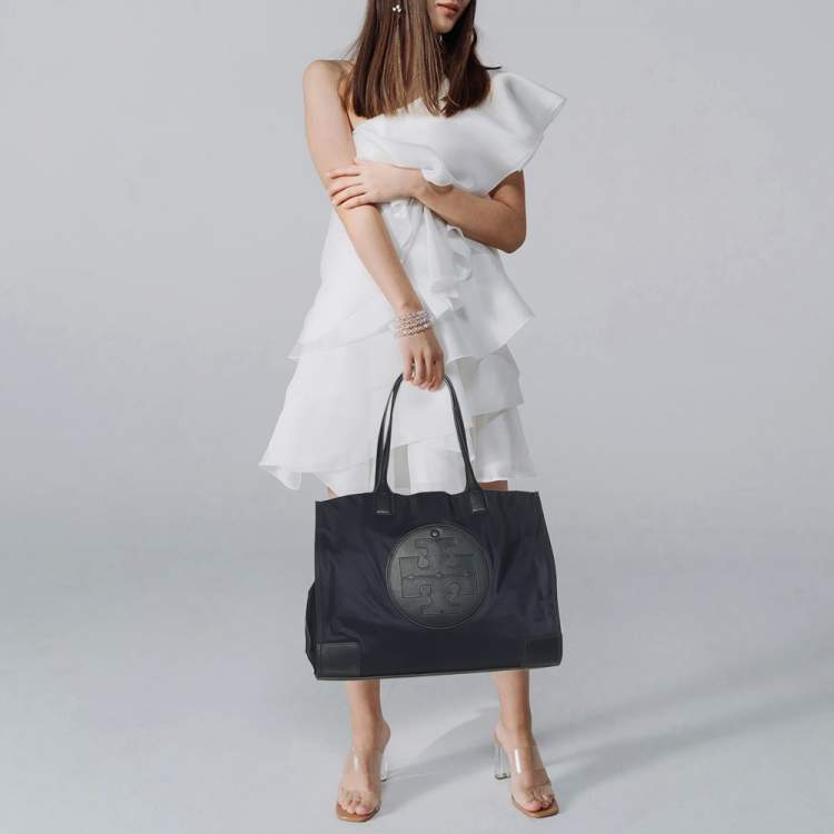 Pre Owned Tory Burch Ella Large Navy Blue Leather and Nylon Shopper Tote