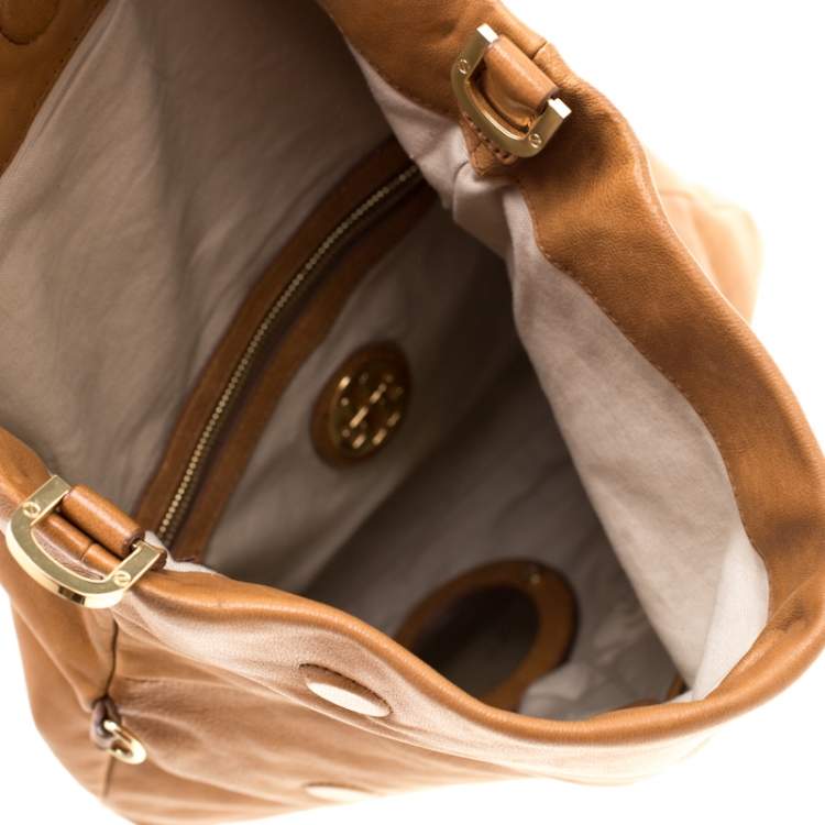 Pre Owned Tory Burch Tan Leather Louisa Fold Over Shoulder Bag