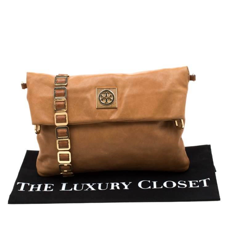 Pre Owned Tory Burch Tan Leather Louisa Fold Over Shoulder Bag