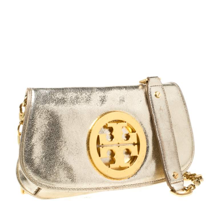 مملوكة مسبقًا Tory Burch Gold Leather Raphael Logo Crossbody Bag