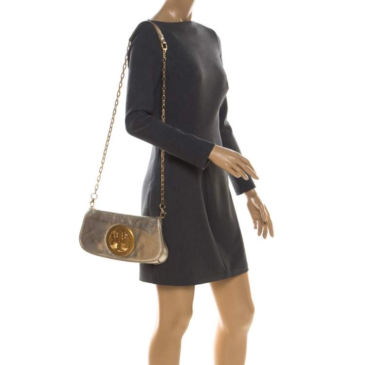 مملوكة مسبقًا Tory Burch Gold Leather Raphael Logo Crossbody Bag