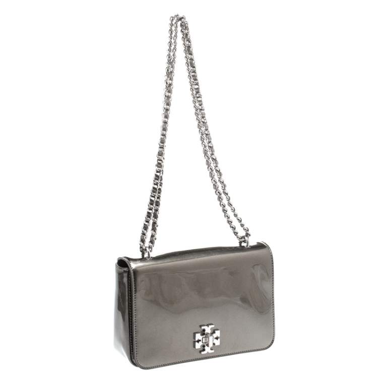 Pre Owned Tory Burch Olive Green Patent Leather Mercer Shoulder Bag