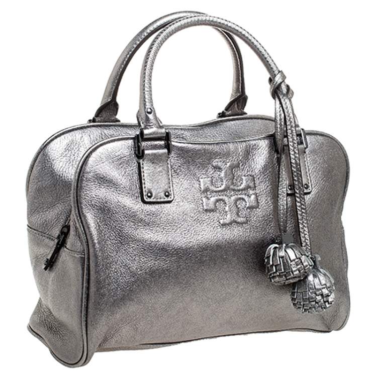 Pre Owned Tory Burch Metallic Dark Grey Boston Bag