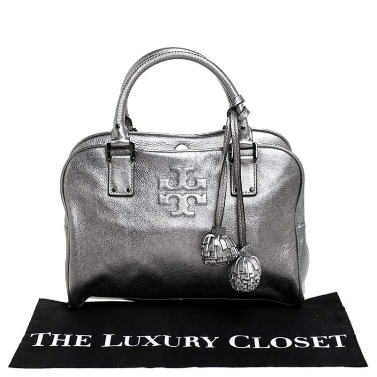 Pre Owned Tory Burch Metallic Dark Grey Boston Bag