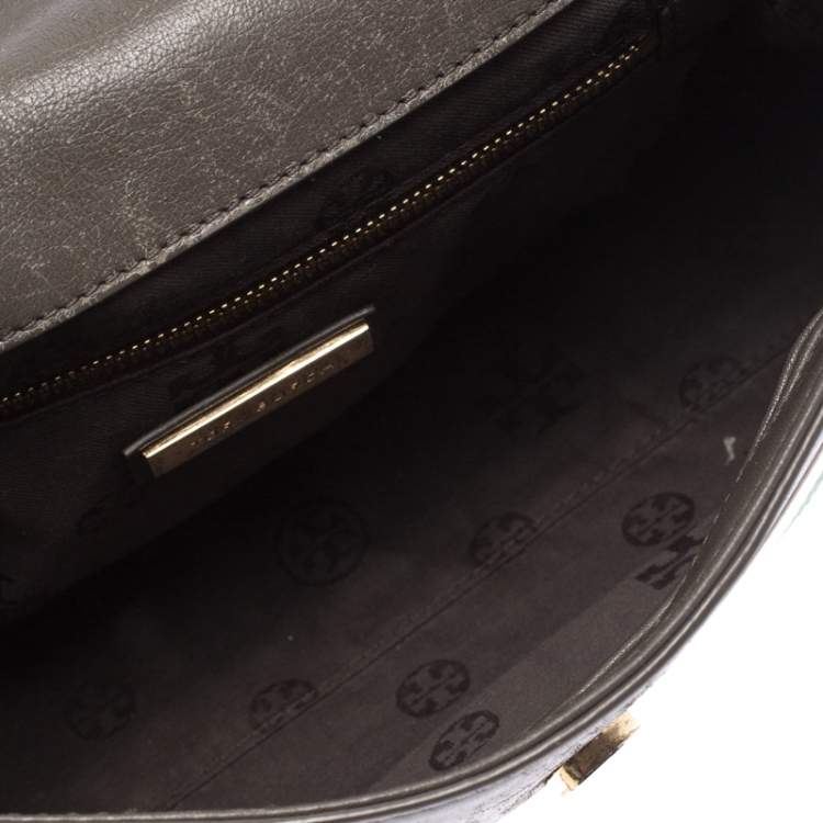 Pre Owned Tory Burch Dark Grey Leather Large Fleming Stripe Convertible Shoulder Bag