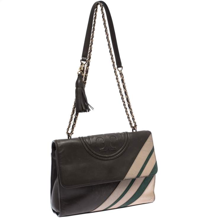 Pre Owned Tory Burch Dark Grey Leather Large Fleming Stripe Convertible Shoulder Bag