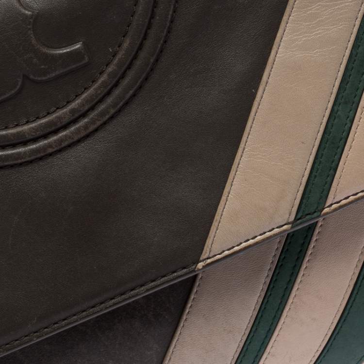 Pre Owned Tory Burch Dark Grey Leather Large Fleming Stripe Convertible Shoulder Bag