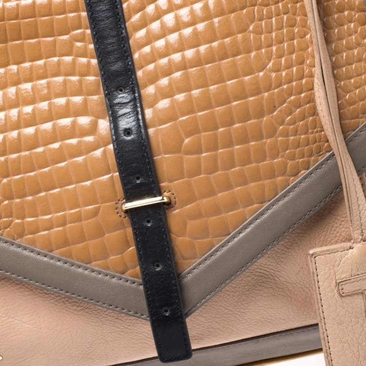 Pre Owned Tory Burch Multicolor Croc Embossed Leather Top Handle Bag