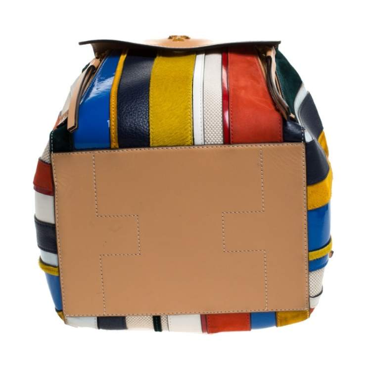 Pre Owned Tory Burch  Multicolor Leather/Suede/Calfhair and Canvas Balloon Stripe Half Moon Satchel                                   