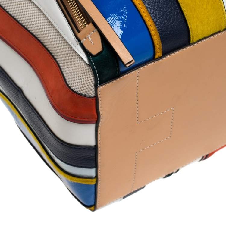Pre Owned Tory Burch  Multicolor Leather/Suede/Calfhair and Canvas Balloon Stripe Half Moon Satchel                                   