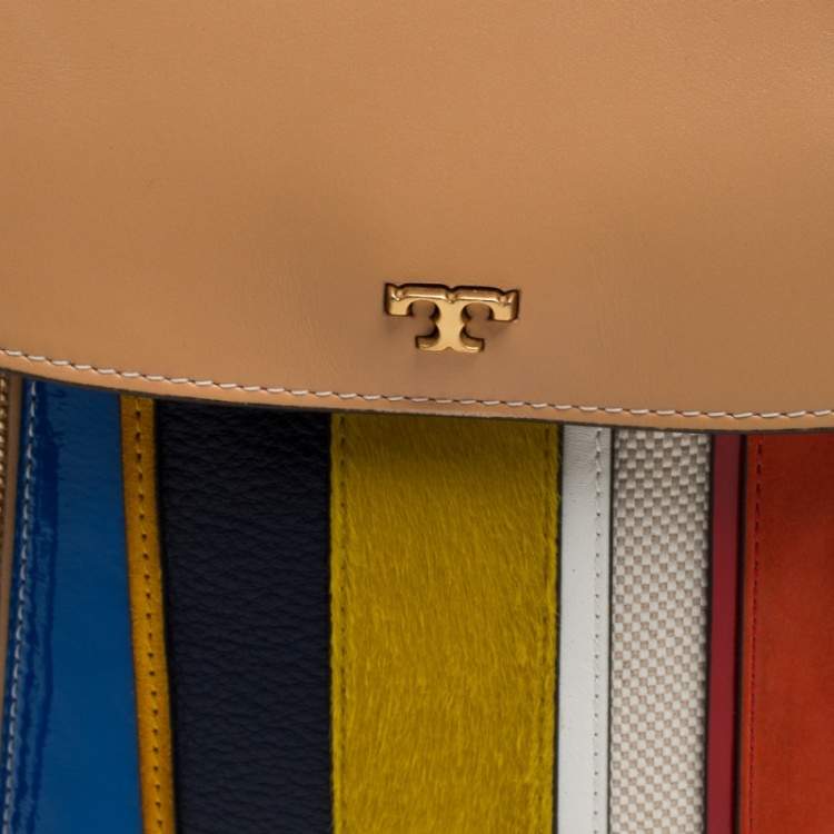 Pre Owned Tory Burch  Multicolor Leather/Suede/Calfhair and Canvas Balloon Stripe Half Moon Satchel                                   