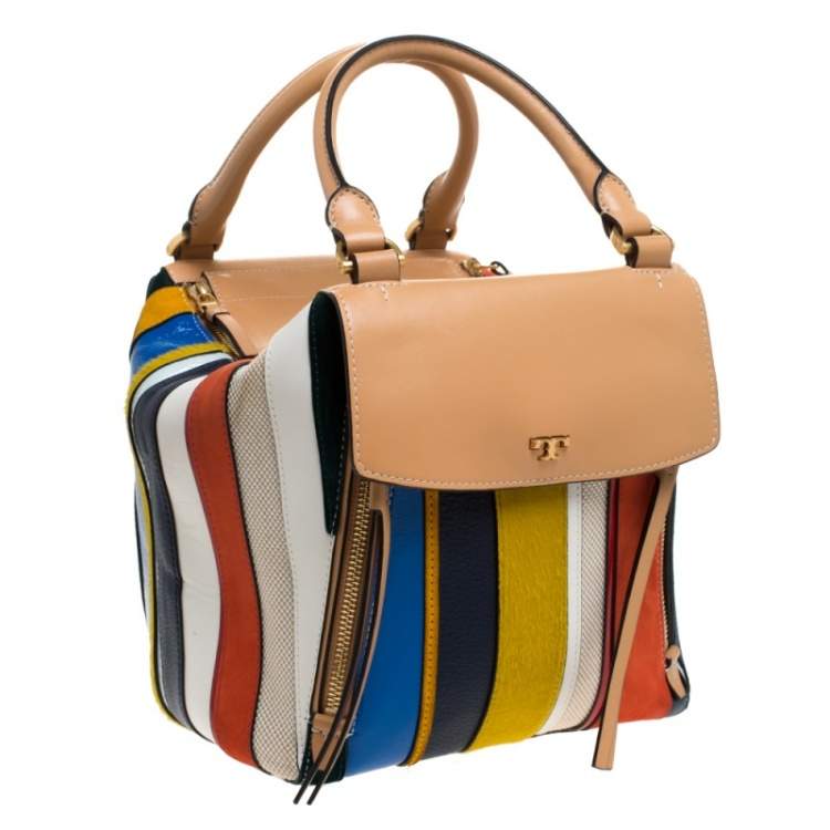 Pre Owned Tory Burch  Multicolor Leather/Suede/Calfhair and Canvas Balloon Stripe Half Moon Satchel                                   