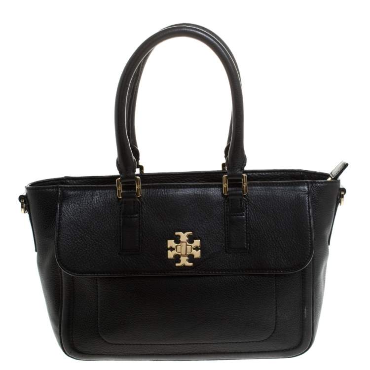 Pre Owned Tory Burch Black Leather Medium Convertible Tote