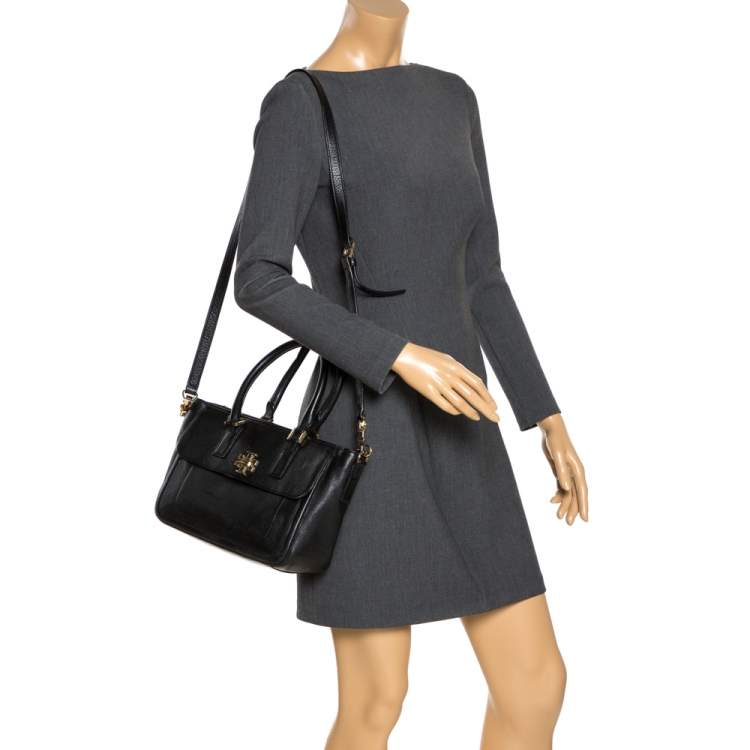 Pre Owned Tory Burch Black Leather Medium Convertible Tote