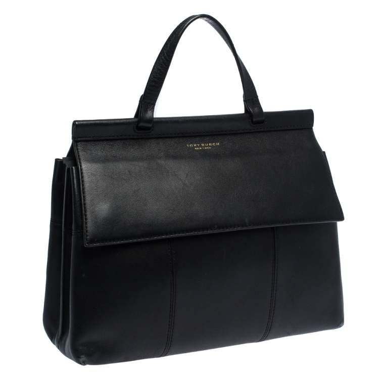 Pre Owned Tory Burch Black Leather Block T Top Handle Bag