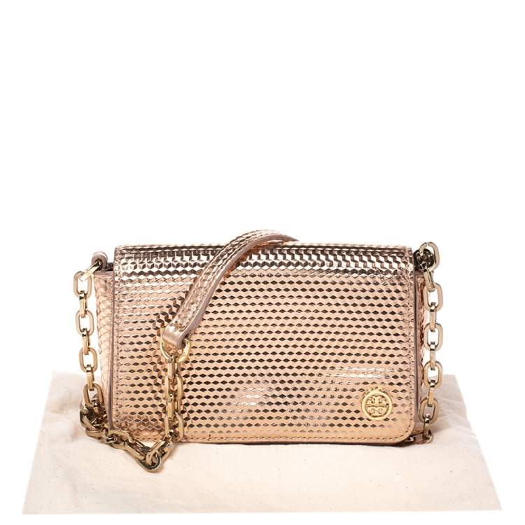 Pre Owned Tory Burch Metallic Rose Gold Leather Crossbody Bag