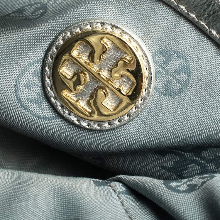 Pre Owned Tory Burch Metallic Silver Leather and Glitters Flap Shoulder Bag