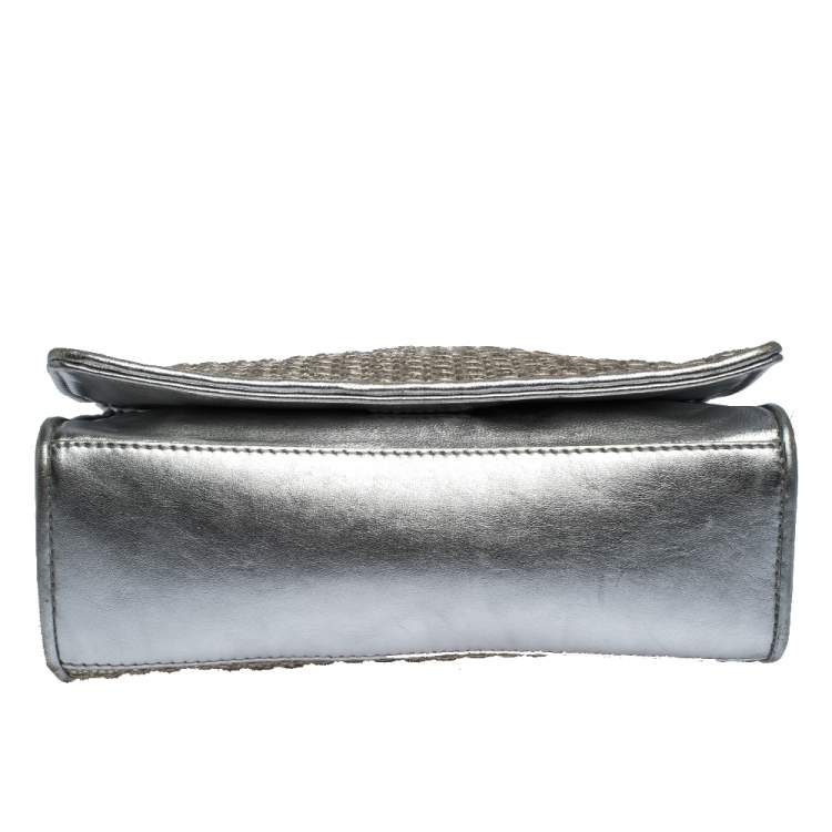 Pre Owned Tory Burch Metallic Silver Leather and Glitters Flap Shoulder Bag