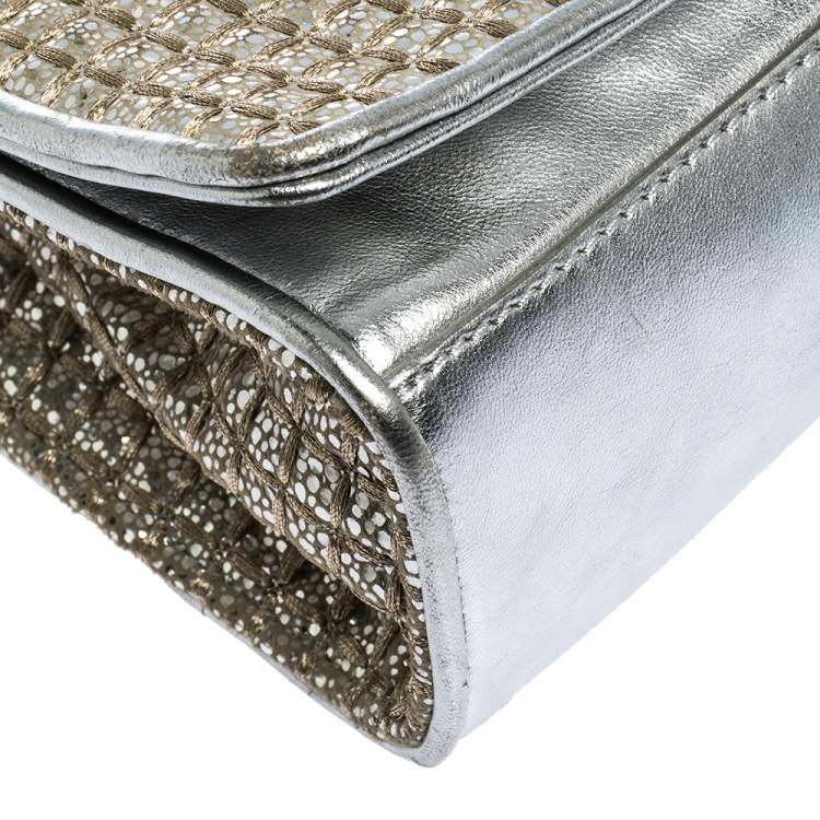 Pre Owned Tory Burch Metallic Silver Leather and Glitters Flap Shoulder Bag