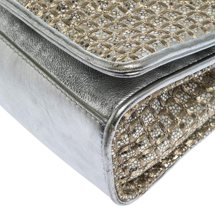 Pre Owned Tory Burch Metallic Silver Leather and Glitters Flap Shoulder Bag