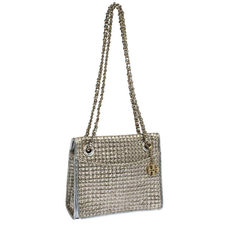Pre Owned Tory Burch Metallic Silver Leather and Glitters Flap Shoulder Bag
