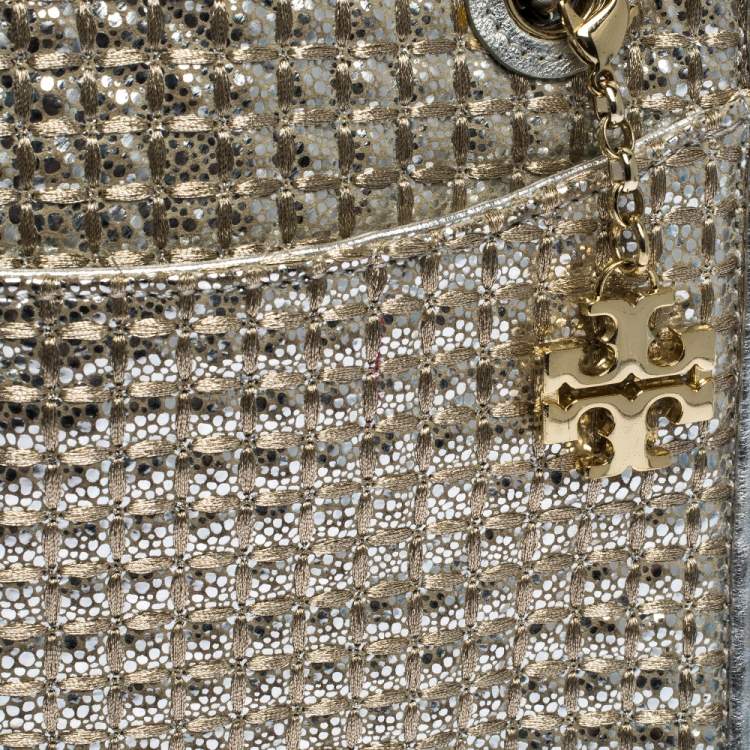 Pre Owned Tory Burch Metallic Silver Leather and Glitters Flap Shoulder Bag