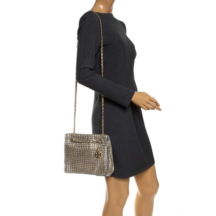 Pre Owned Tory Burch Metallic Silver Leather and Glitters Flap Shoulder Bag
