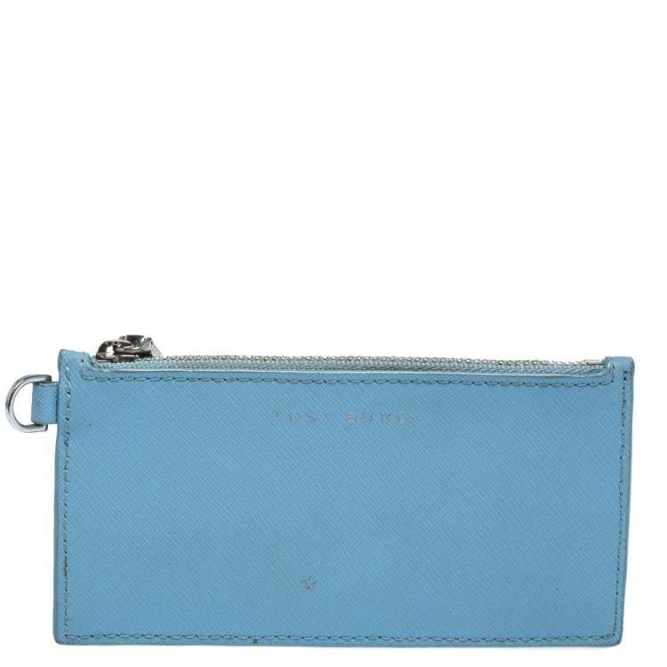 Pre Owned Tory Burch Light Blue Leather Top Zip Slim Card Holder