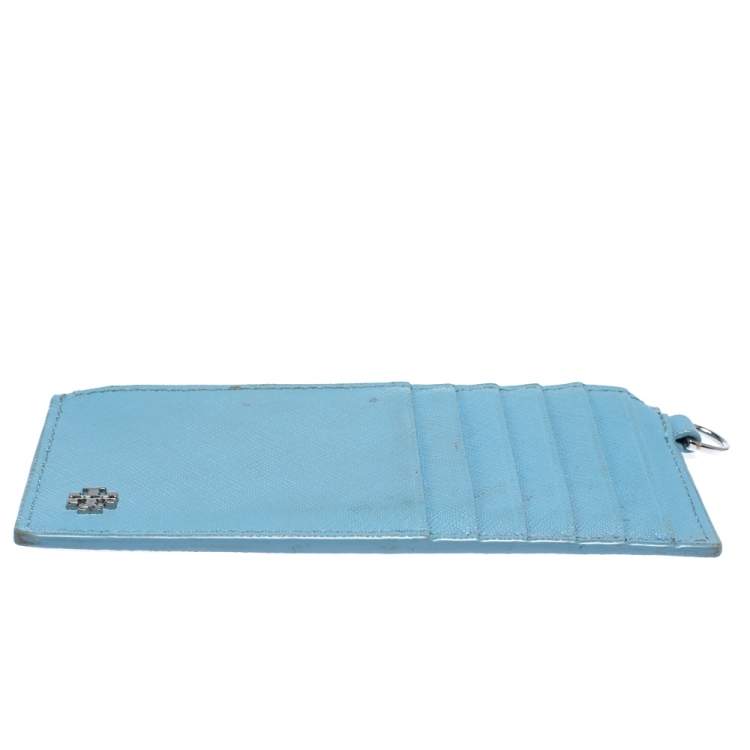 Pre Owned Tory Burch Light Blue Leather Top Zip Slim Card Holder