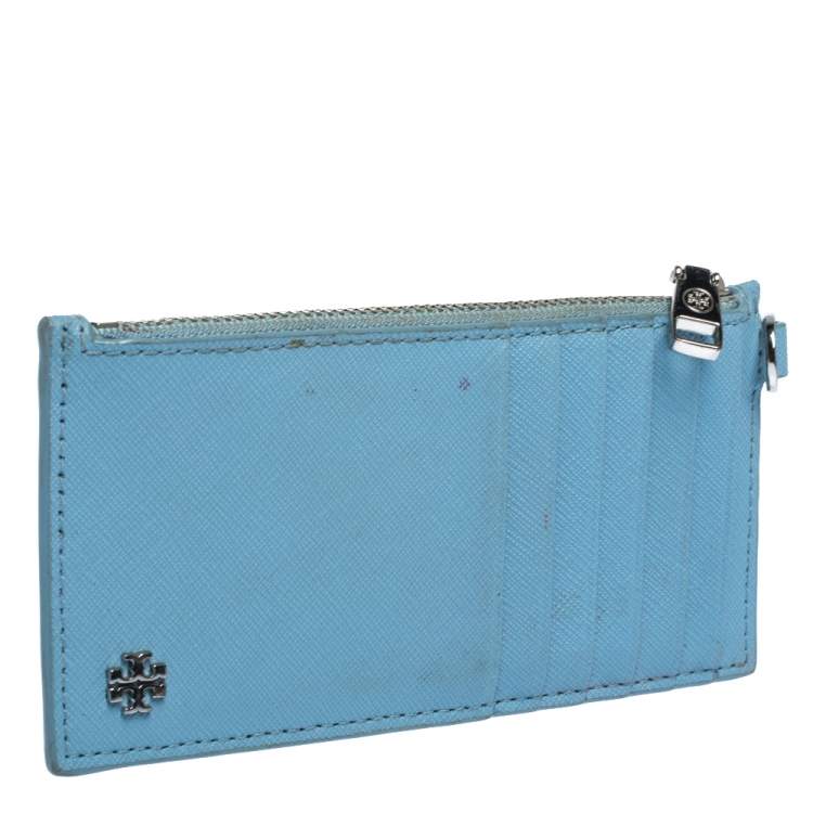 Pre Owned Tory Burch Light Blue Leather Top Zip Slim Card Holder