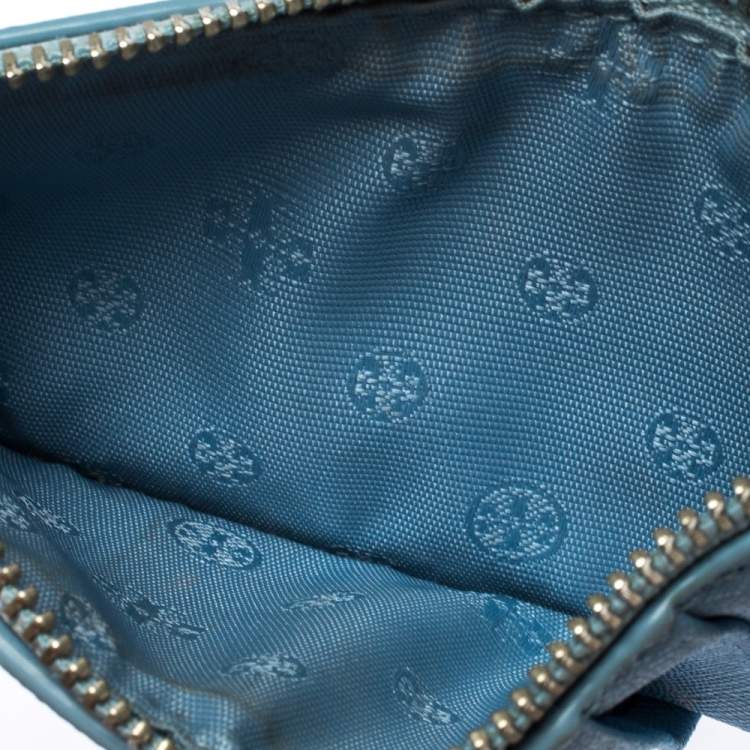 Pre Owned Tory Burch Light Blue Leather Top Zip Slim Card Holder