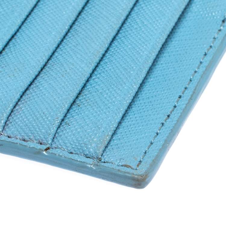 Pre Owned Tory Burch Light Blue Leather Top Zip Slim Card Holder