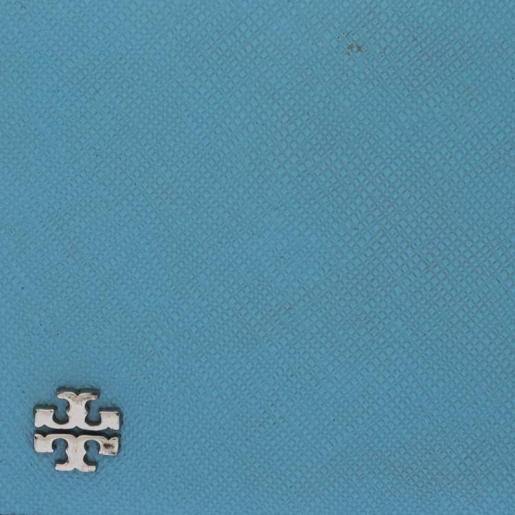 Pre Owned Tory Burch Light Blue Leather Top Zip Slim Card Holder