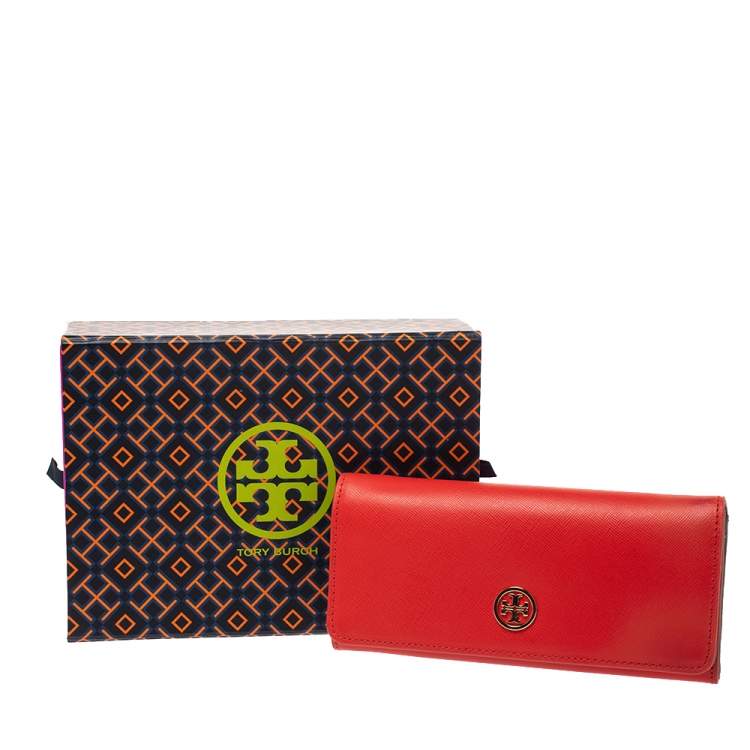 Pre Owned Tory Burch Orange Leather Robinson Envelope Flap Wallet