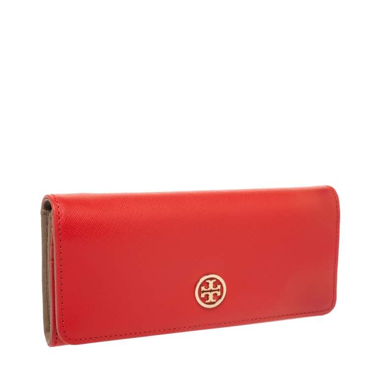 Pre Owned Tory Burch Orange Leather Robinson Envelope Flap Wallet