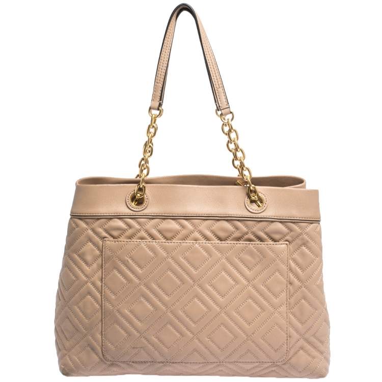 Pre Owned Tory Burch Beige Quilted Leather Fleming Tote